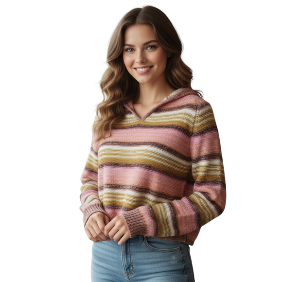 Billabong On The Horizon Hooded Sweater Teens Youth L Pink Striped Cozy Pullover - Picture 1 of 11